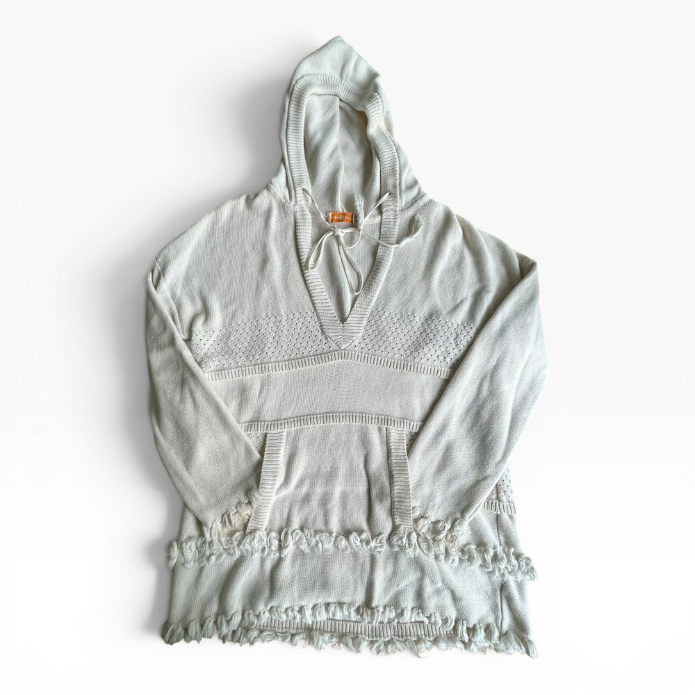Tory Burch Ivory Fringe Knit Boho Sweater Hoodie Large